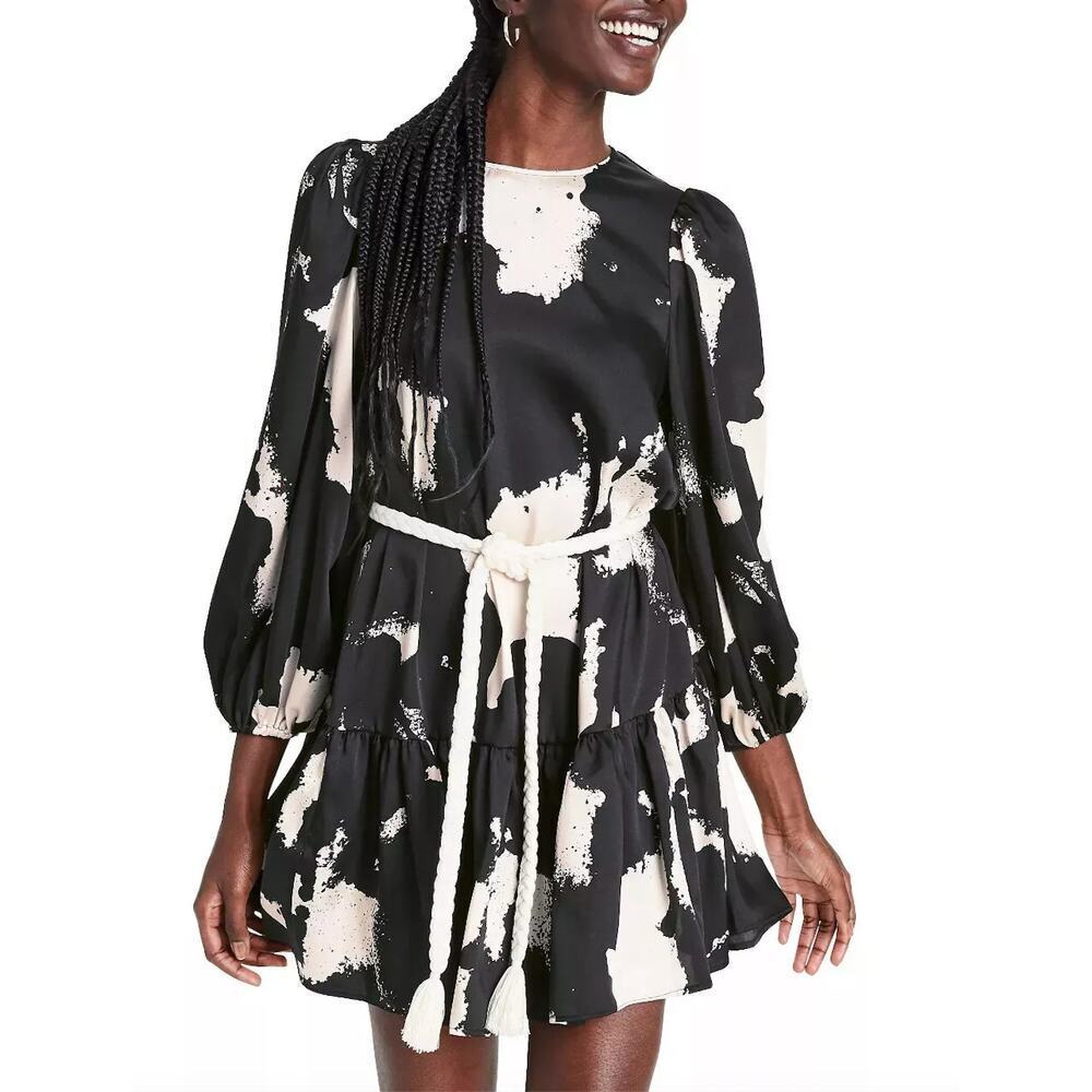 Alexis x Target Long Sleeve Rope Belt Tiered Mini‎ Dress Black White Print, Sz M